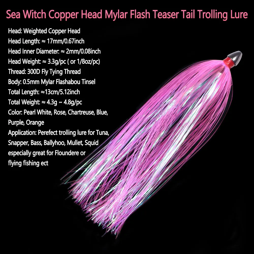 1-6 Stück 13cm/5,12 Zoll Sea Witch Copper Head Mylar Flash Teaser Tail Trolling-Köder DIY für Thunfisch, Schnapper, Salzwasser, Ballyhoo, Bass, Tintenfisch, Jigs – Detail 2
