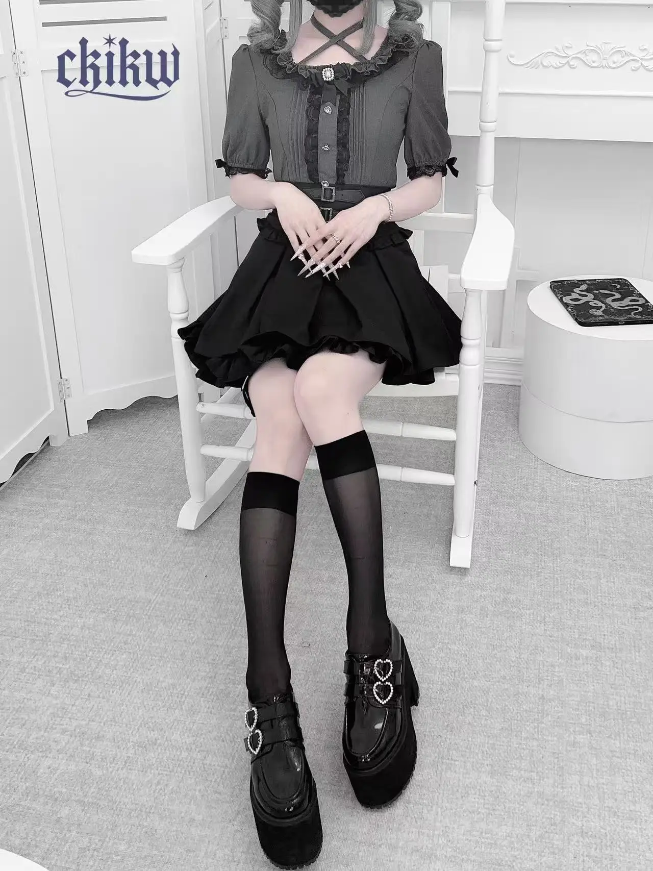 Mine Mass-Produced Cross-Strap Lace Halter Square Collar Shirt Japan Style Girl Subculture Short-Sleeve Top High-Waisted Skirt