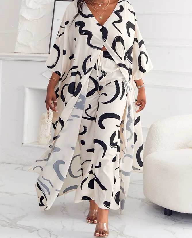 

Abstract Print High Slit Longline Top & Pants Set