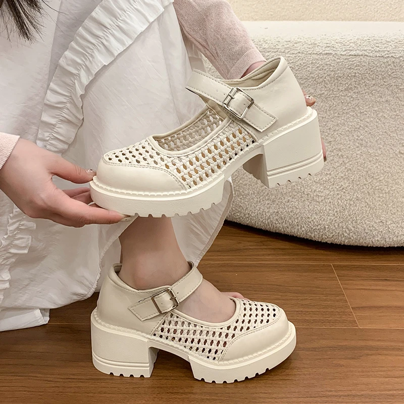 

Little Mary Jane Single Shoes Women 2026 Summer New Thin Breathable Mesh Block Heel Platform Shallow Mouth
