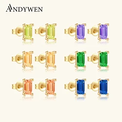 ANDYWEN 925 Sterling Silver Colorful Rainbow Square Stud Earring White Purple Gemstone Piercing Ohrringe Pendiente Fine Jewelry