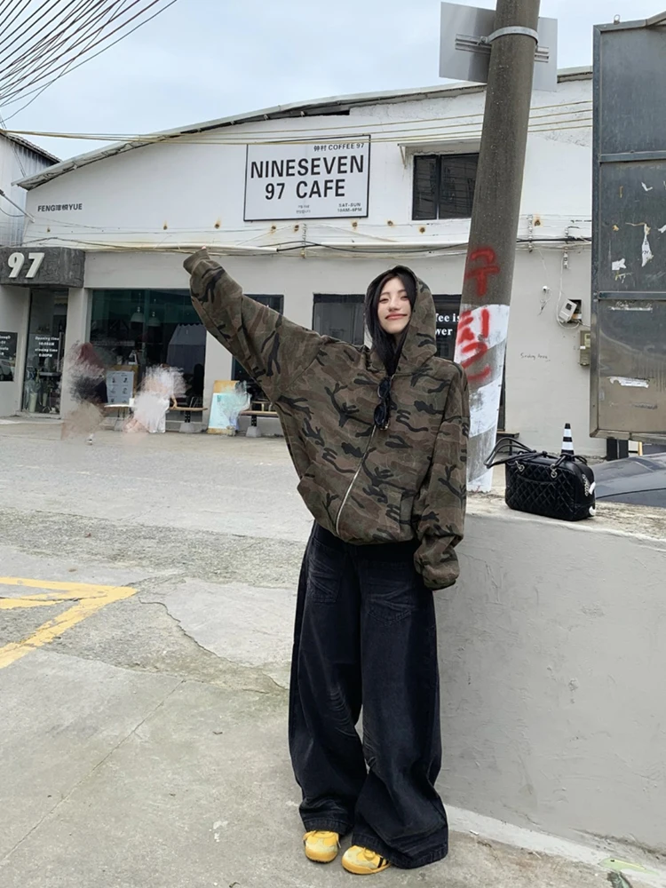 American style retro suit loose casual long sleeved camouflage jacket high waisted washed jeans women's spring two-piece set