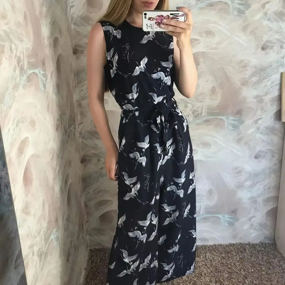 Bella Philosophy Summer printed jumpsuit women sleeveless sashes palysuit female wide leg Ladies jumpsuit Casual playsuit