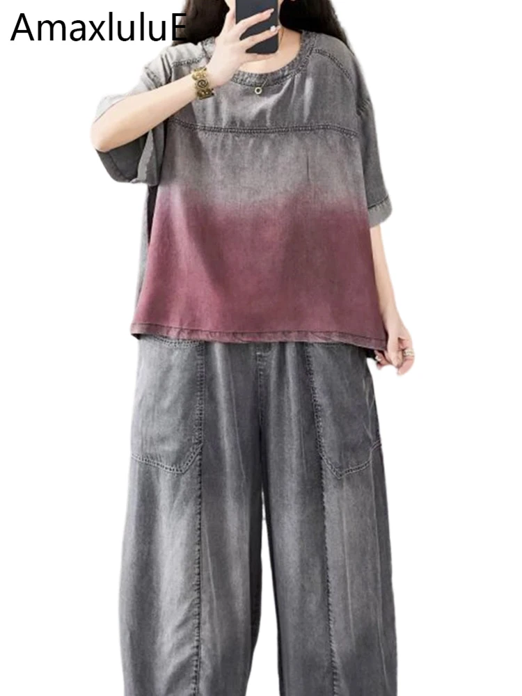 

Amax LuluE 2026 Ladies Summer Two Pieces Sets O Neck Tshirts Loose Tops Casual Jeans Vintage Pants Suits Classic Denim Outfits