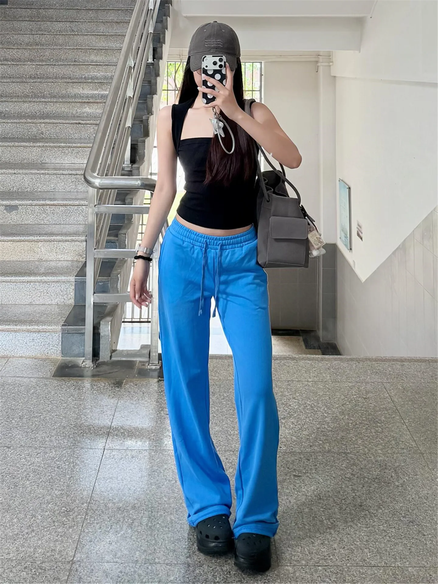 

American Vintage Low Waist Blue Sports Sweatpants Women Summer Loose Drapey Extended Casual Straight Leg Pants