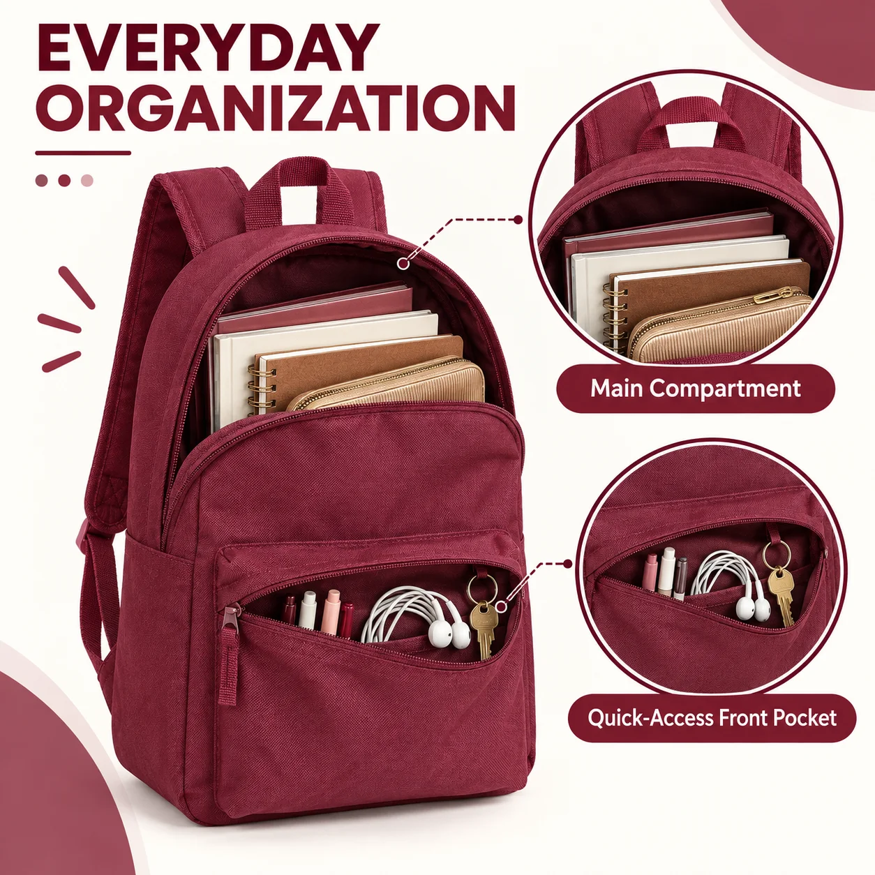 Burgundy Casual Backpack Lightweight Solid Color School Bag with Front Zipper Pocket Adjustable Straps for Women Men Travel Work