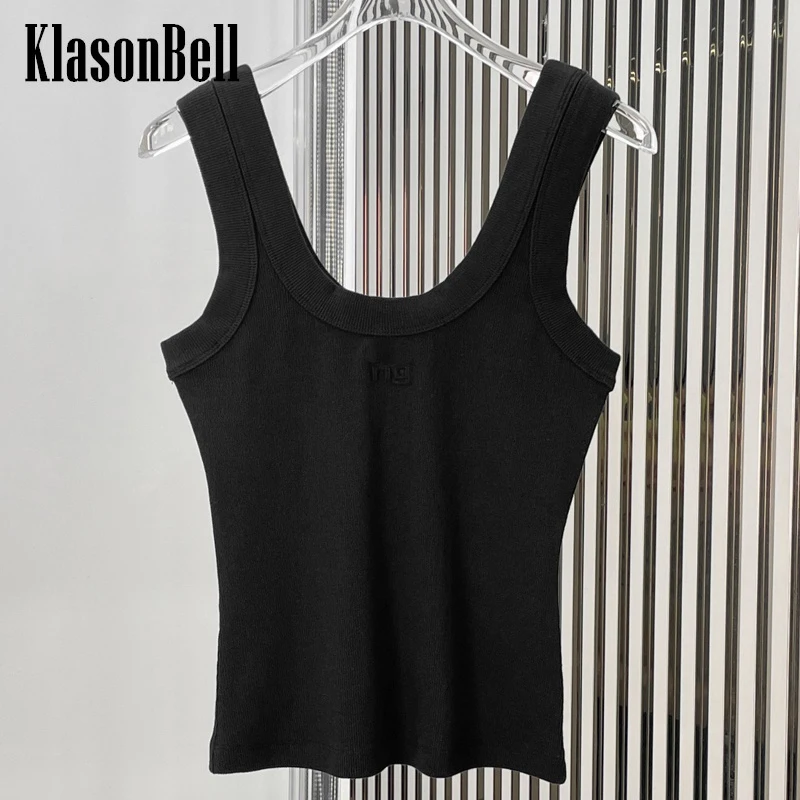 

7.21 KlasonBell Women New Embossed Letter Basics Spaghetti Strap Knitted Black Sexy Crop Tank Top