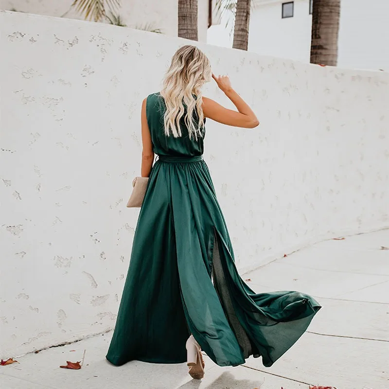 Vestido largo con cordones y escote en V profundo para mujer, vestido de verano liso sin mangas para vacaciones, vestido de fiesta dividido, vestido elegante de cóctel para graduación