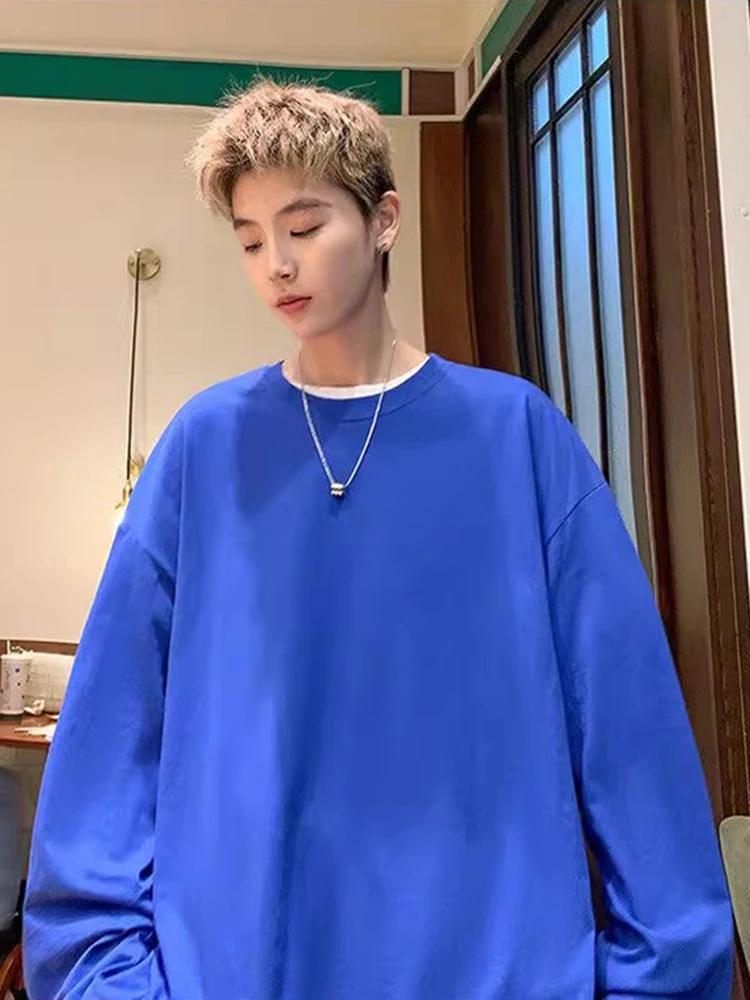 

Мужская футболка с длинным рукавом цвета Кляйн синий, весна-осень, свободная повседневная базовая рубашка в американском ретро-стиле, уличная мода