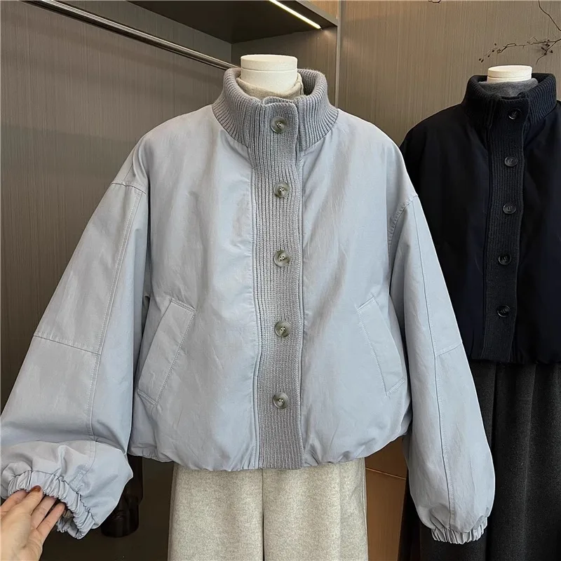 

Вязаная хлопковая куртка для женщин больших размеров в корейском стиле, зимняя, с эффектом омоложения, высококачественная, милая, с пэчворком, с воротником-стойкой