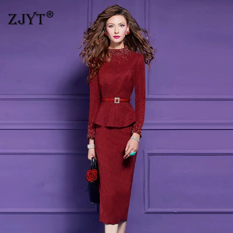 ZJYT Luxury Ladies Suit Skirt Set 2 Piece Festival Outfit Woman Rinestone Elegant Winter New In Matching Sets Dress Party Red