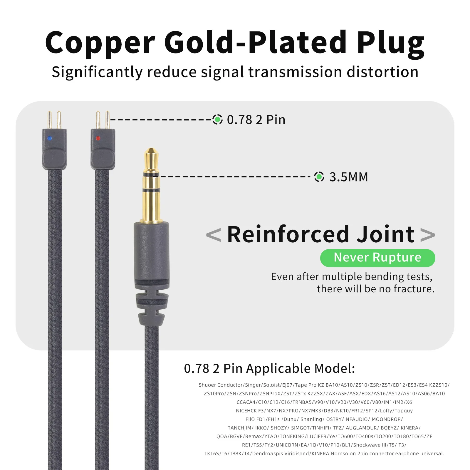 OKCSC 0.78 2 PIN Upgrade Earphone Cable for FIIO FD1/FH1s/SHUORE CONDUCTOR/TANSHJIM 3.5mm Oxygen Free Copper Gold-plated Plug