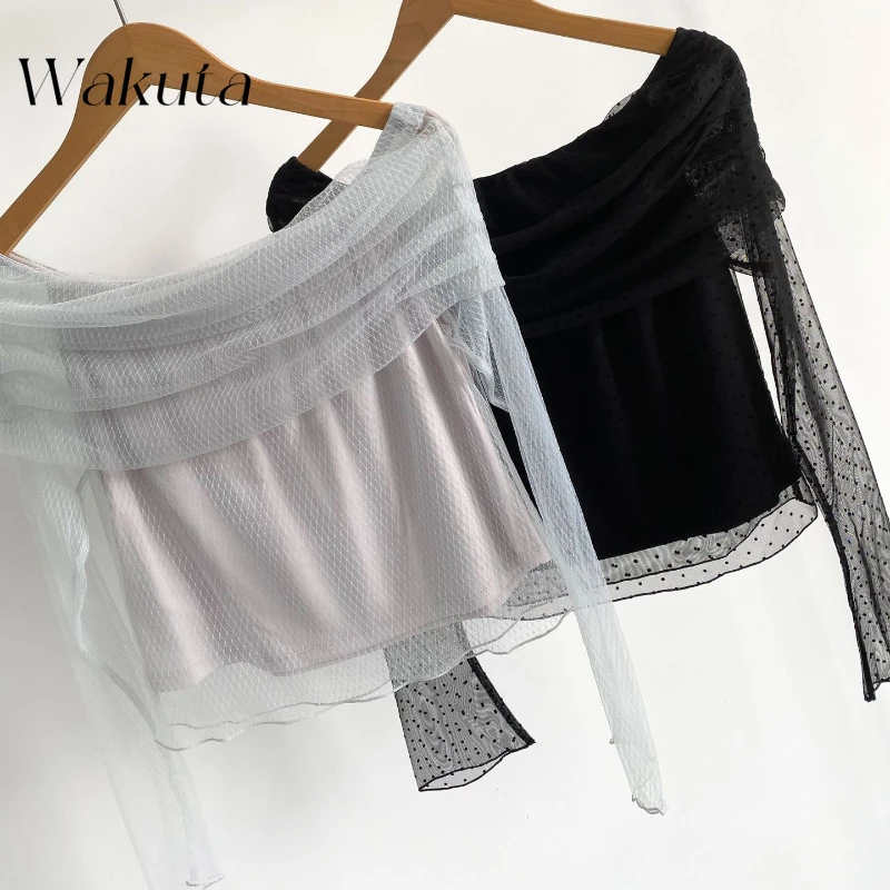 WAKUTA Vroege lente Japanse zoete één hals off-shoulder blouse korset top harajuku stijl doorschijnende chiffon slanke gebreide trui