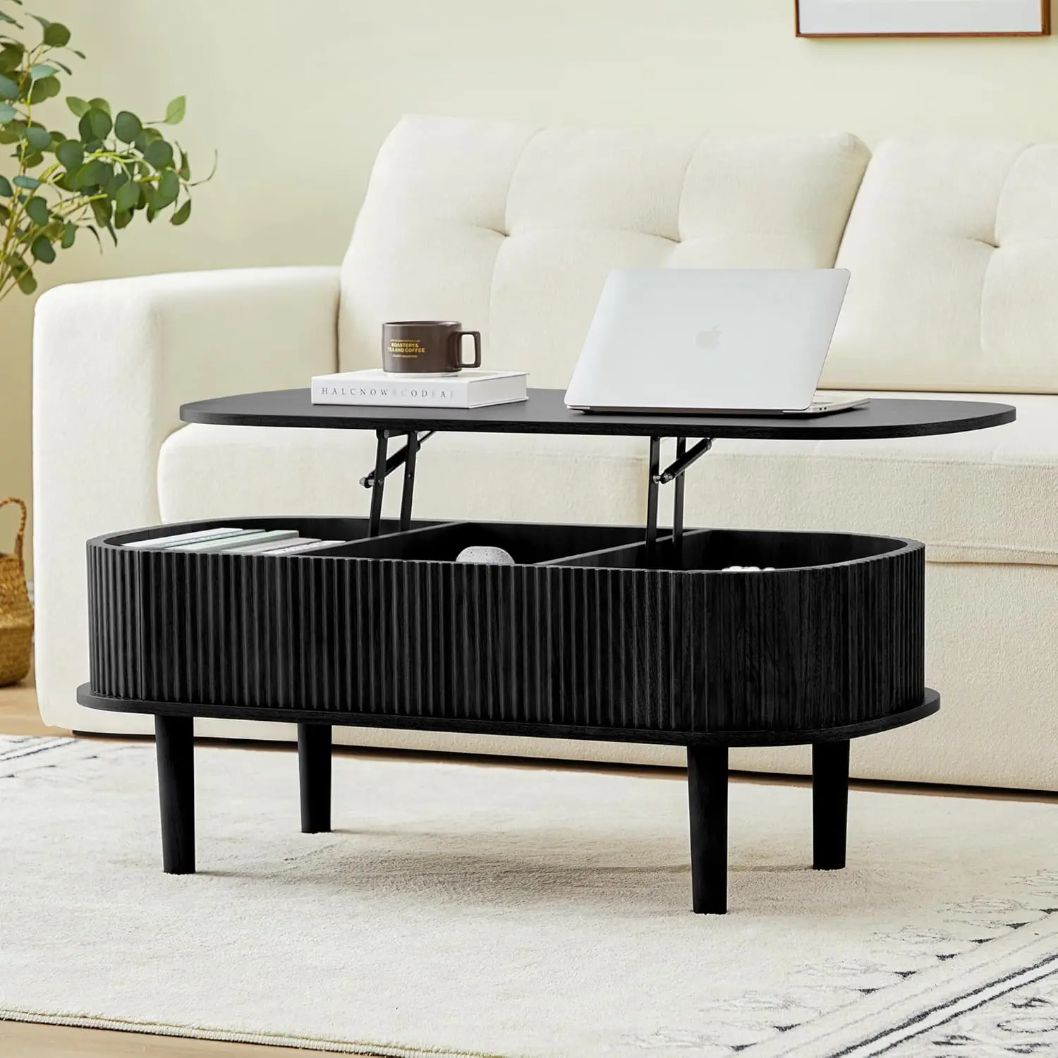 

Fluted Lift Top Coffee Table with Hidden Compartment, Fully Assembled Wooden Center Table, Modern Oval Lift, Customized