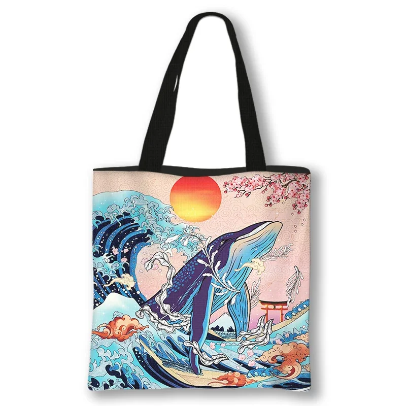 Japan The Big Wave of Kanagawa Shopping Bags Starry Night Women Totes Canvas Shoulder Bags for Travel Girls Handbag Shopper Bag