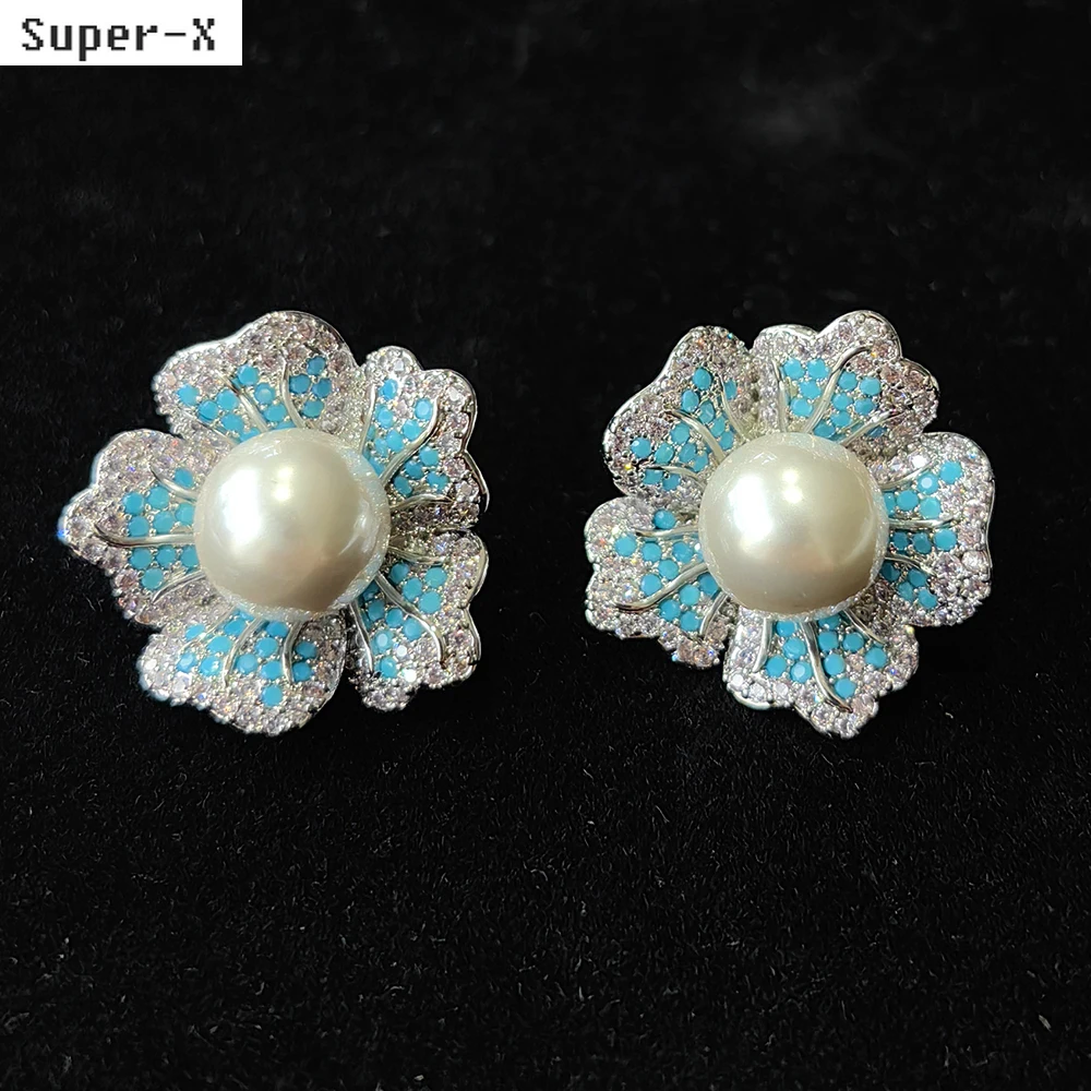 zircon flower stud earrings pearl fushia purple blue floral stud earrings for women luxury shiny jewelry dinner party daily wear