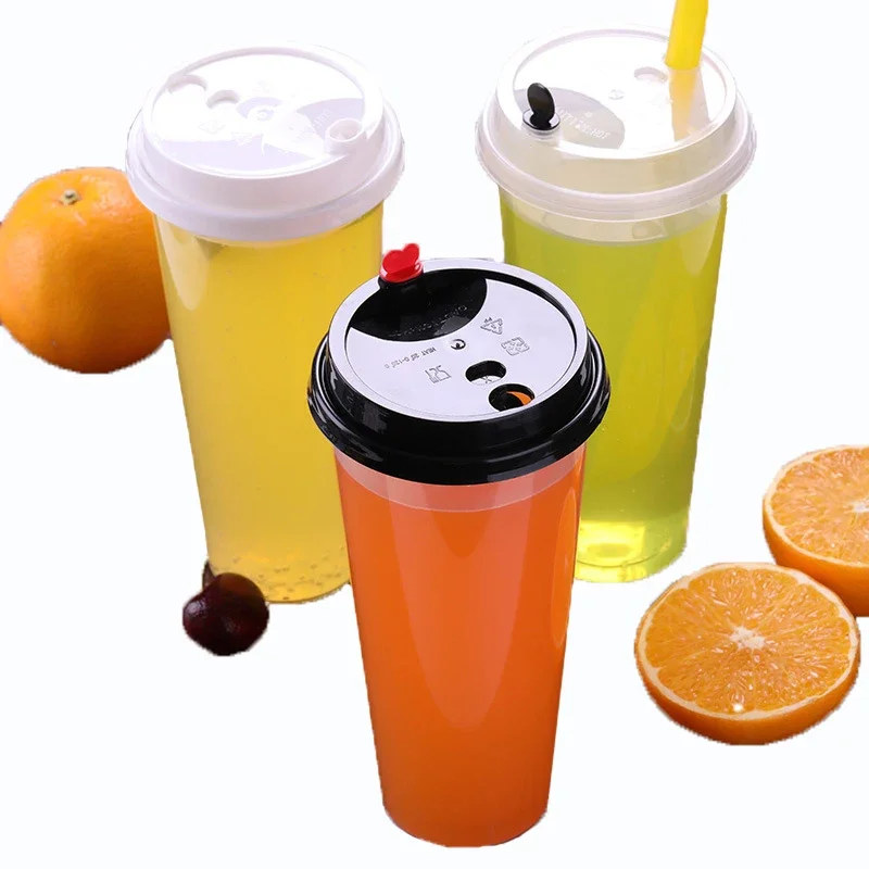 

Disposable Plastic Cups with Lids Juice Coffee Milky Tea For Party Weddings Thicken Cold Drinks Cup Clear 700ml/24oz 50pcs/set