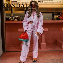 KONDALA 2025 Spring Summer Casual Striped Suit Fashion PATCHWORK Turn Down Collar Streetwear Short Shirt+Elastic Waist Long Pant