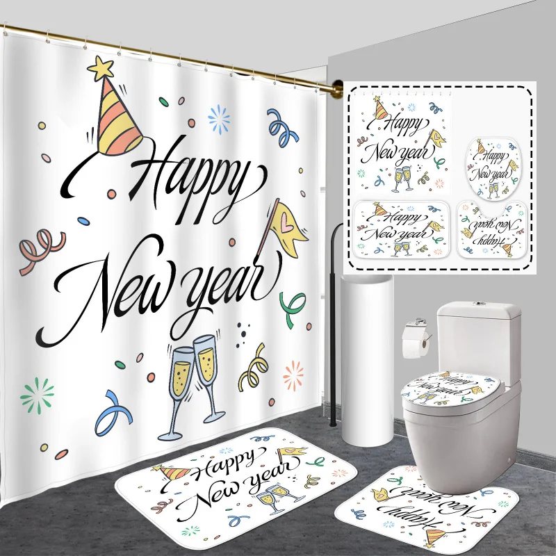 Happy New Year 4pcs Shower Curtain Set with Hooks - Waterproof, Non-Slip Bathroom Rug, U-Shape Toilet Mat & Lid Cover Pad - Vibr