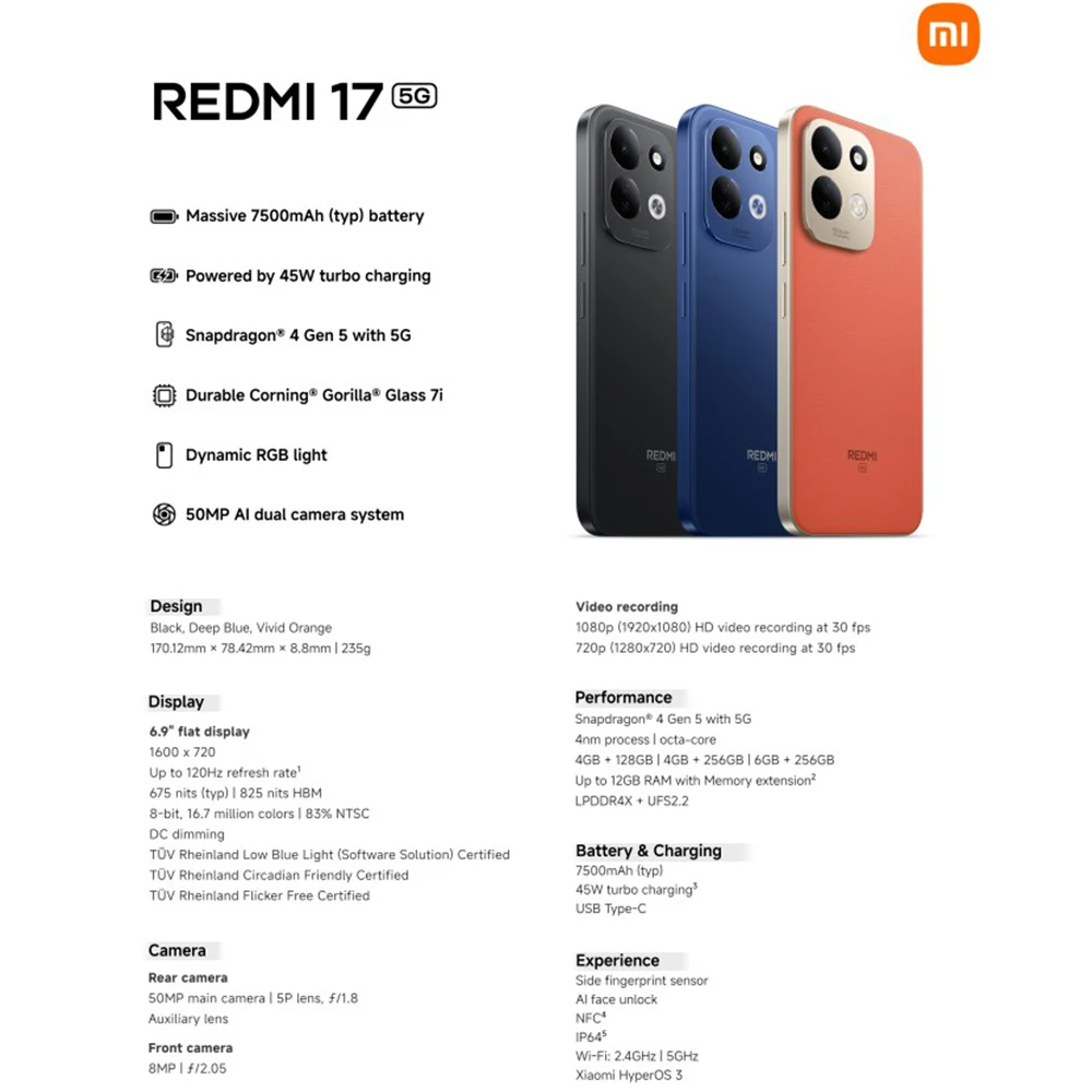 Versión Global Redmi 17 5G, Teléfono Móvil con NFC, Cámara Dual IA de 50MP, Batería de 7500mAh, Smartphone Snapdragon 4 Gen 5 con 5G 3