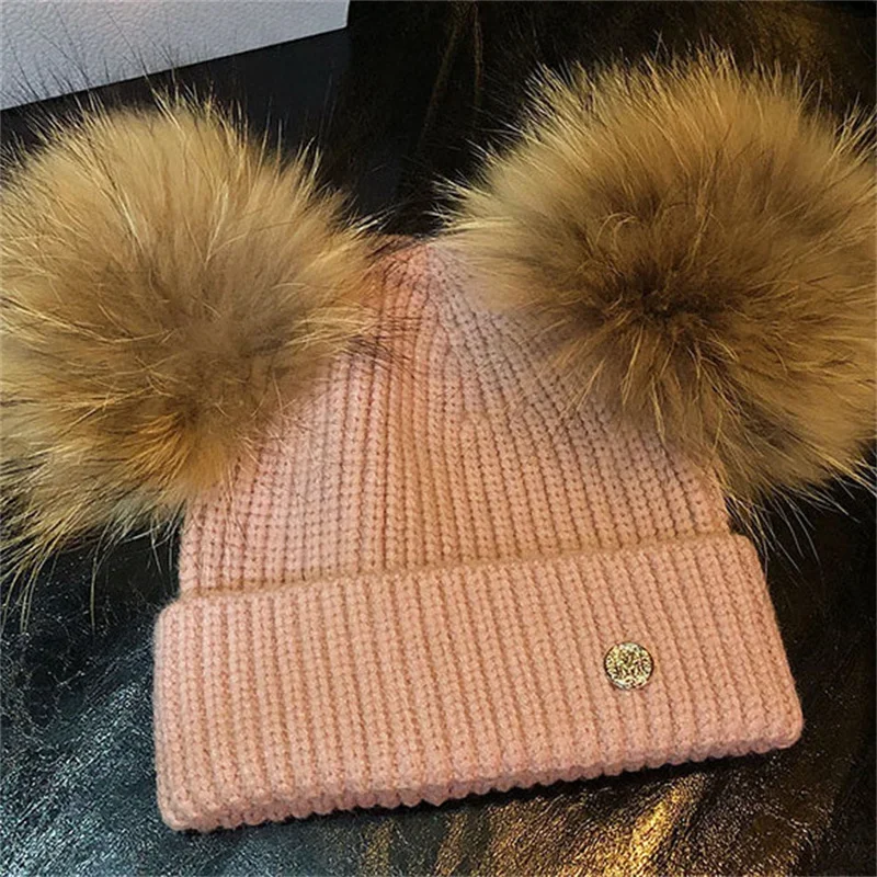 women\'s winter real fox fur wool knit hat baby cap beanie with 2 two double pom poms pompom ears funny hat