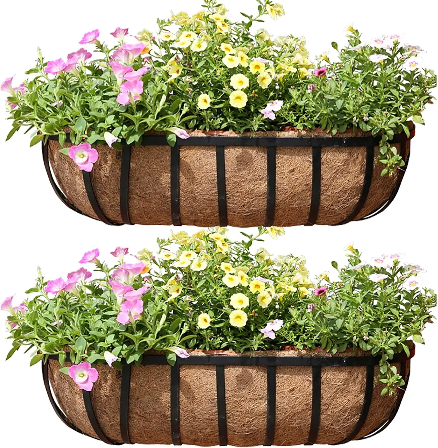 

24 Inch Railing Planter Window Box Deck Balcony Rail Planter with Coco Liner Metal Wall-Mounted Coconut Liner Planter Basket Eng