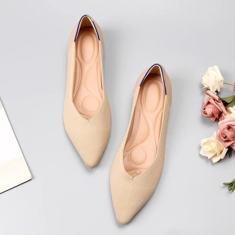 Ademende Polyester Schoenen Vrouwen Lente Flats Puntige Neus Ballerina Dames Stretch Gebreide Loafers Dagelijks Jurk Comfortabel