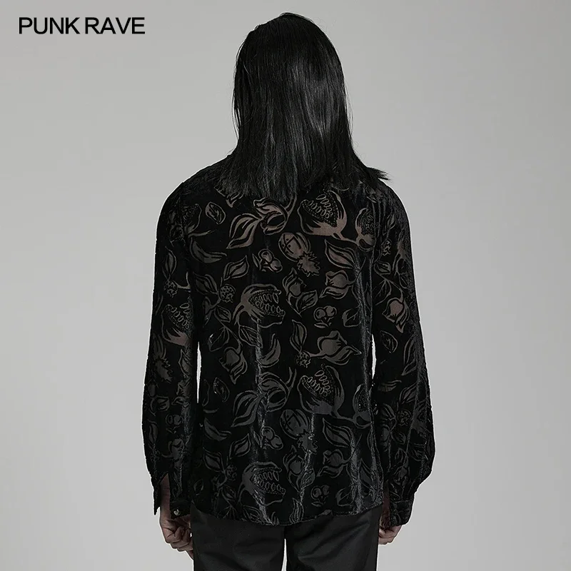 PUNK RAVE Men\'s Gothic Piranha Pattern Lantern Sleeve Velvet Shirt Gorgeous Party Loose Tops Spring/Autumn Shirts for Men