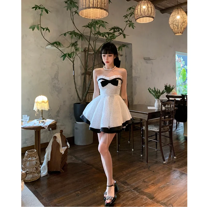 White Dress Womens Dress Sleeveless High End Exquisite Wave Point Skirt Fashion Patched Lace Bow Top Princess Fluffy Skirt Dress