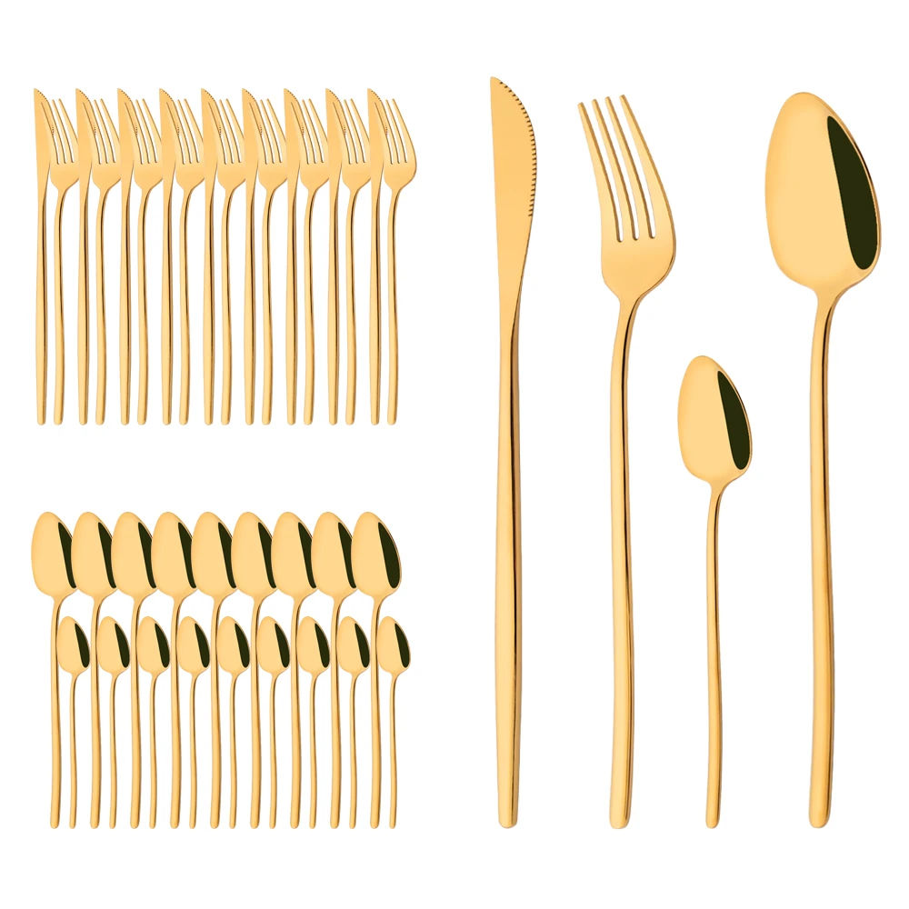 40Pcs Flatware Set Mirror Luxury Gold Cutlery Set Stainless Steel Dinnerware Fork Kitchen Knife Fork Coffee Spoon Tableware Set