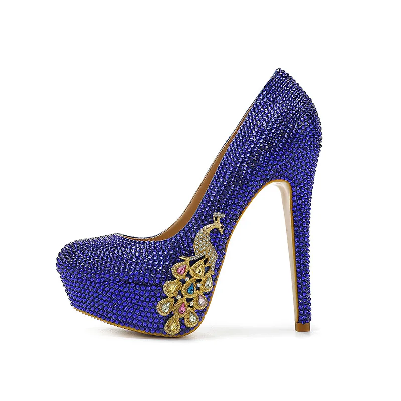 

Spring and Summer Round Head Waterproof Platform Rhinestone Single Shoes Thin High Heel Party Dress Versatile Large Women's Shoe