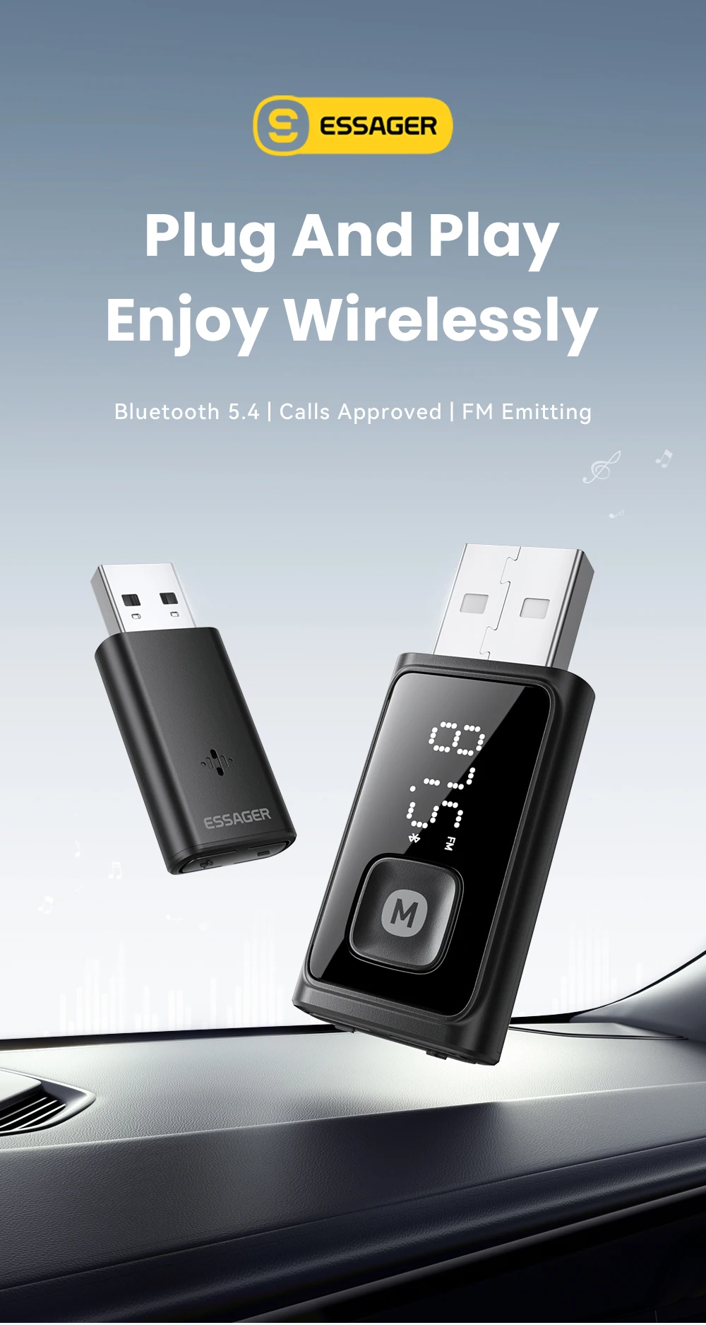 Essager Bluetooth 5.4 Auto-Adapter, kabelloser FM-Transmitter mit automatischem Ein-/Ausschalten, Freisprechanruf, Hi-Fi-Musik-Audioempfänger für Autos – Detail 1