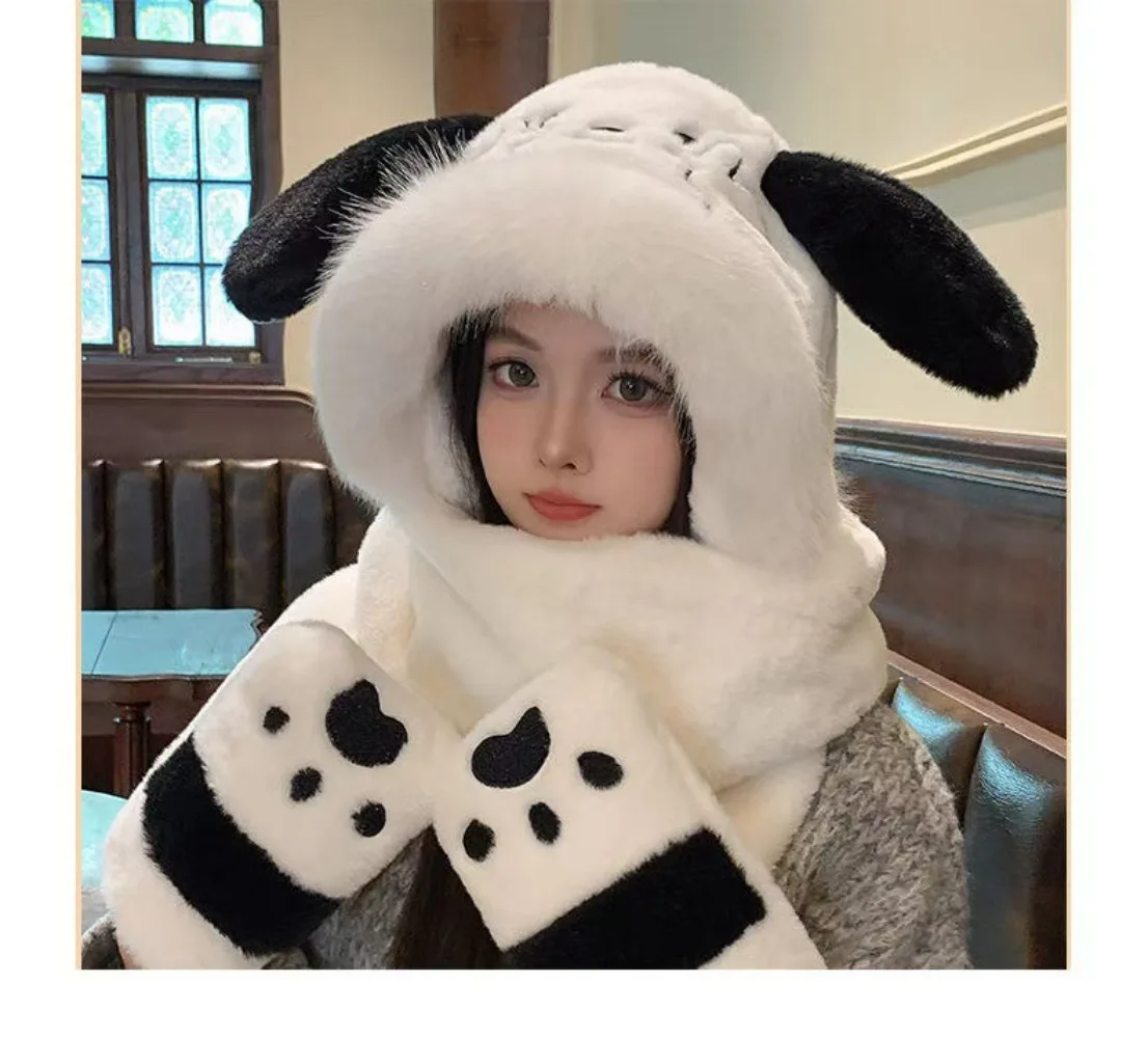 قبعة قطيفة كرتونية لطيفة، قبعة شتوية دافئة فروي، مجموعة مكونة من ثلاث قطع دافئة مقاومة للرياح والبرد