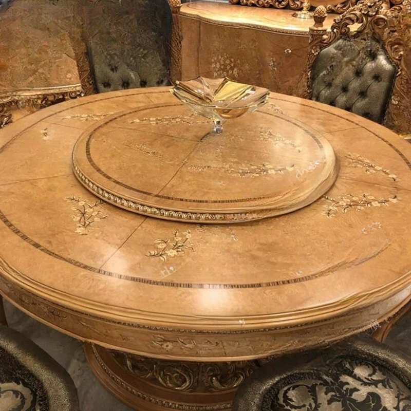 European Luxury Solid Wood Carved Dining Table Art Puzzle French Round Table with Rotary Table Palace Restaurant Furniture