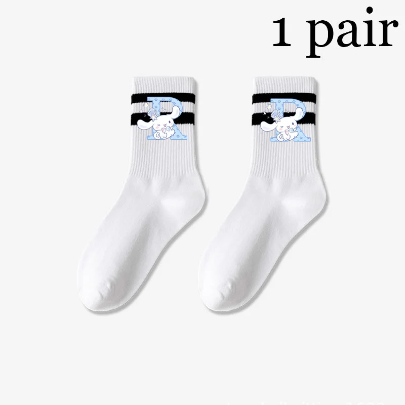 Kawaii Cinnamorolls A-Z 26 English Letters Socks Solid Color Women's Mid Length Socks Fashion Autumn Classic Black Anime Socks