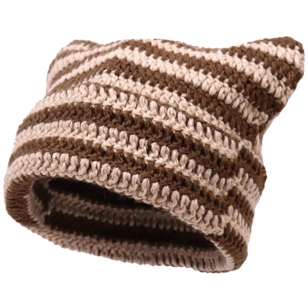

Knitted Beanie Women Hat Thermal Cat Ears Coffee Color Trendy Casual Warm Winter Outdoor Hat Knitted Acrylic Material Breathing