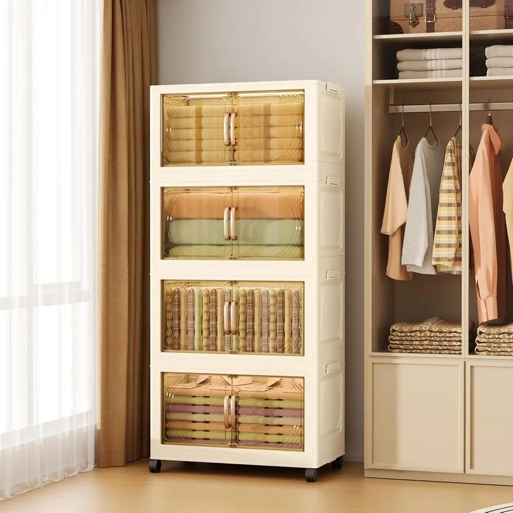 

Пластиковые контейнеры для хранения 102QT, 4 яруса, с крышками, складные ящики для хранения с дверцами и колесами, штабелируемые контейнеры для хранения, органайзеры для шкафа