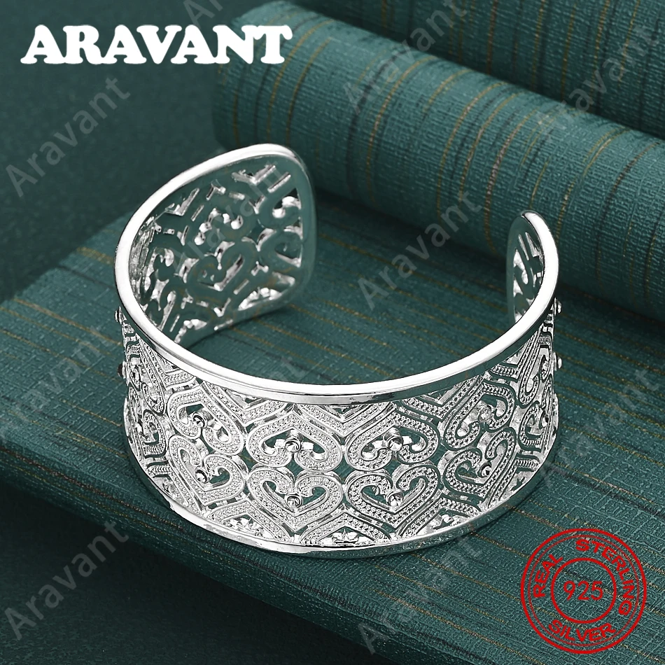925 Sterling Silver Openwork Heart-Shaped Bangle For Women - Vintage Elegance And Noble Party Jewelry