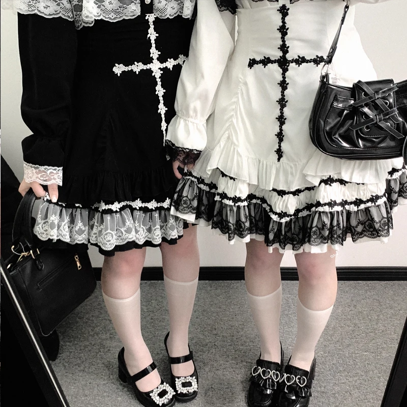 

Gothic Lolita Style Y2k High Waist Mini Skirt Japanese Women Sweet Cross Pattern Lace Ruffles Punk Cake Skirts Girl Cute Skirt