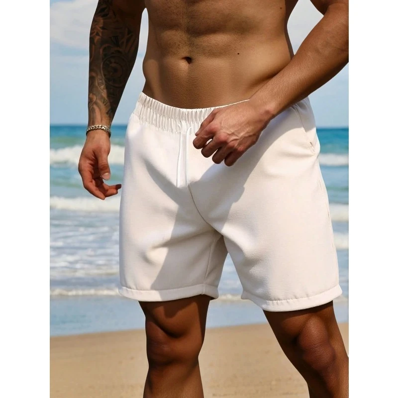 Мужские однотонные белые шорты на талии больших размеров на шнурке. Хлопковая спортивная одежда, фитнес и повседневные удобные брюки. Мужские шорты.