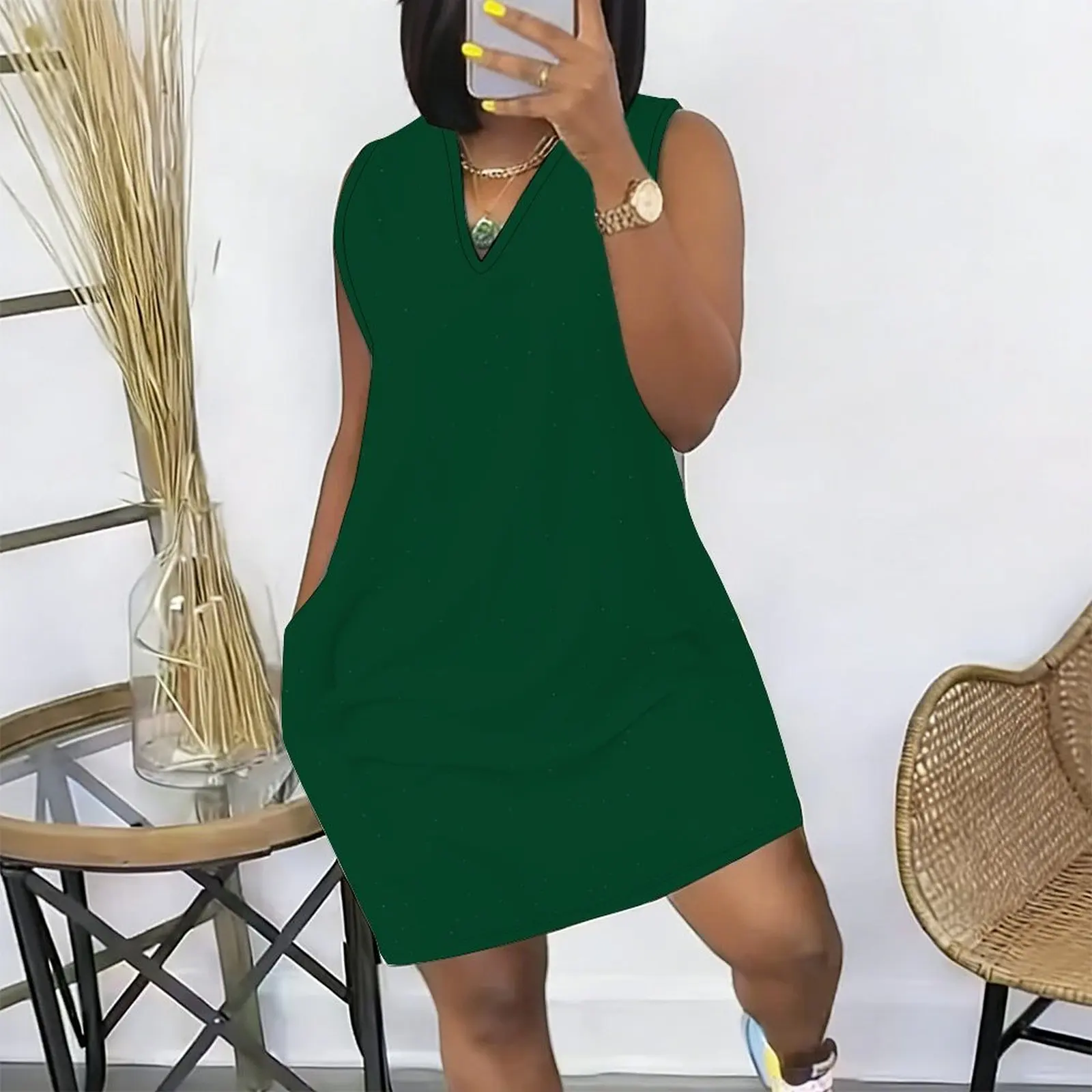 Women's V-neck skirt Plus Size Sleeveless Dress Printed Sleeveless Dress Daily Casual Midi Dress Printed Pocket Slim Skirt