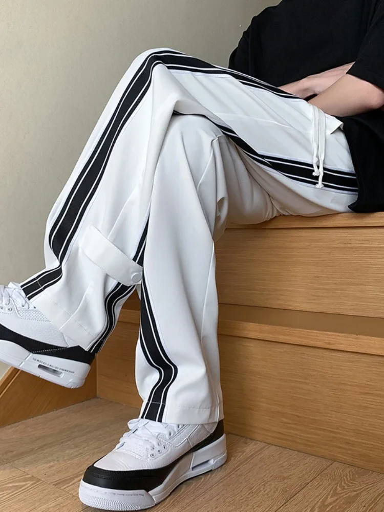 

Ice Silk Men's Summer Thin Casual Pants Drapey Suit Pants Side Stripe Sport Straight Leg Trousers Faionable Loose Fit