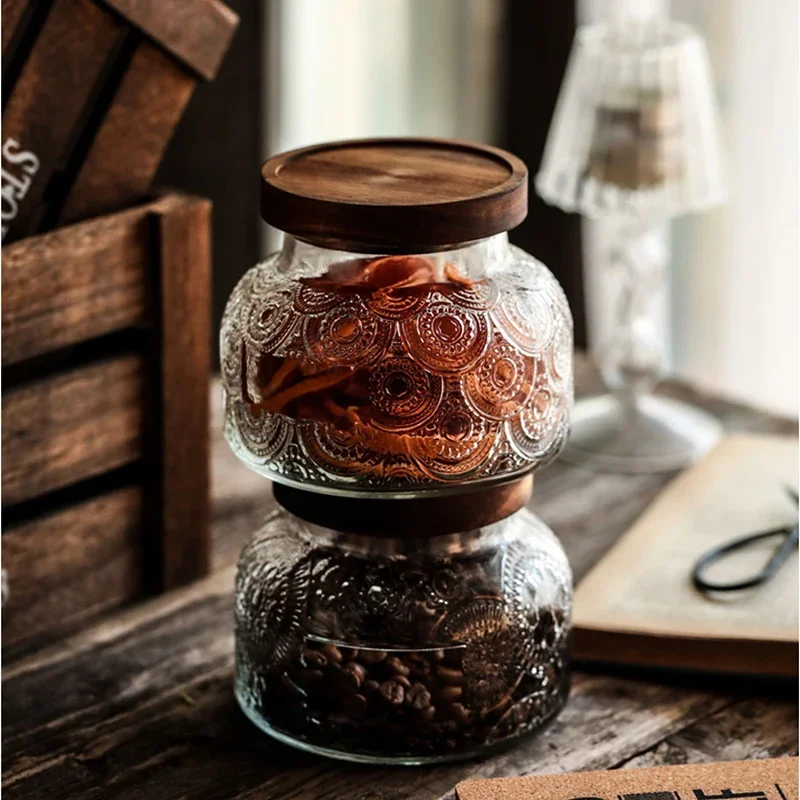 Relief Glass Storage Jar of Crabapple Flower Clear Candy Box Home Airtight Container Kitchen Storage Glass Bottle Candle Holder