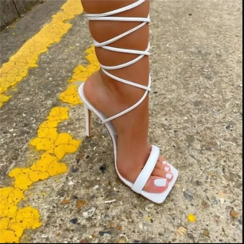 Women's Sandals 2025 New Party Sexy Ankle Strap High Heels Thin Heels Square Head Open Toe Women's High Heel Sandals White Heels