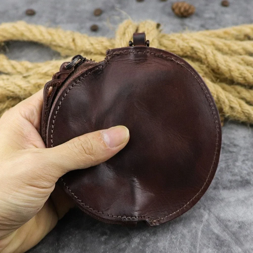 Vintage Round Genuine Leather Coin Purse Distressed Small Wallet Card Holder for Cash Coins Portable Daily Use 가죽 동전지갑