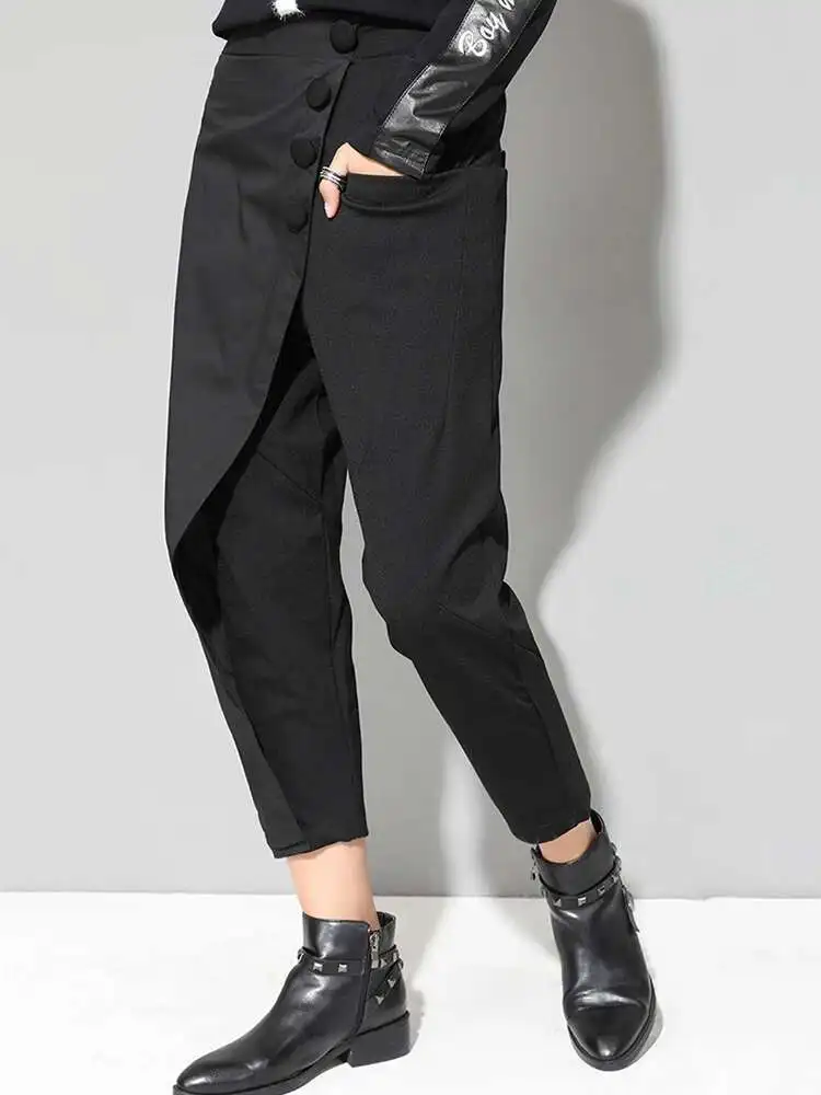 

Черные асимметричные повседневные брюки с высокой эластичной резинкой на талии, новые свободные брюки, женские модные брюки, весна-осень