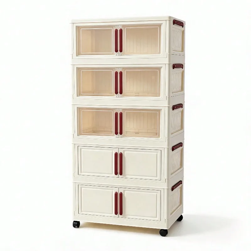 Beige Collapsible Stackable Storage Cabinet With Wheels, 1/4/5 Tier Foldable Plastic Storage Bins, Space Saving Organizer For Laundry Room Clothing Storage, Clothes Organizer,Back To School Dorm Essentials, Apartment Rental Closet Household Organizer