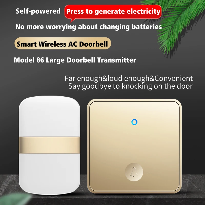 CACAZI Self-powered Wireless Doorbell Sets for Smart Home Waterproof No Battery Button Cordless 60 Chime 0-110DB US EU UK Plug