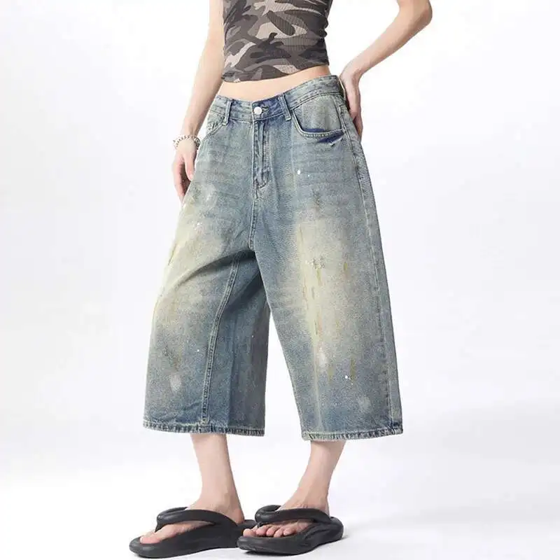 

Street Men's High Jorts American Washed Distressed Graffiti Splashed Ink Seven Quarter Jeans Men Versatile Bottoms HTJ8