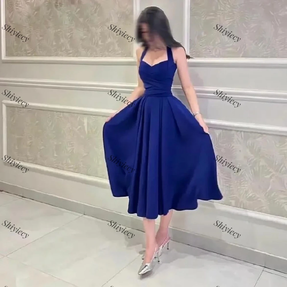 Simple Blue Short Dress Saudi Arabia Spaghetti Straps Satin Evening Party Dress Sleeveless Tea Length Formal Occasion Gowns 2024